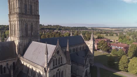 aerial fly-over of salisbury cathedral, heading north over the main body of the cathedral