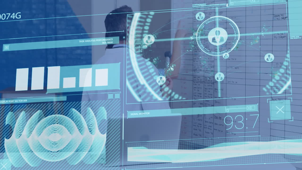 Animation of scope scanning and data processing over empty office