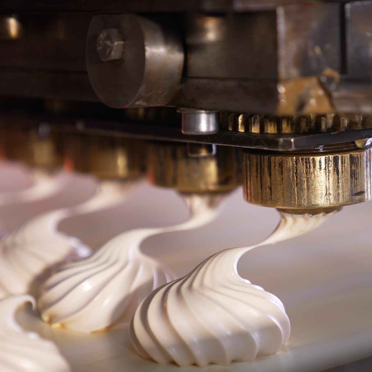 Spinning nozzles of an automatic machine produce marshmallows. Sweet desserts production at confectionary. Close up