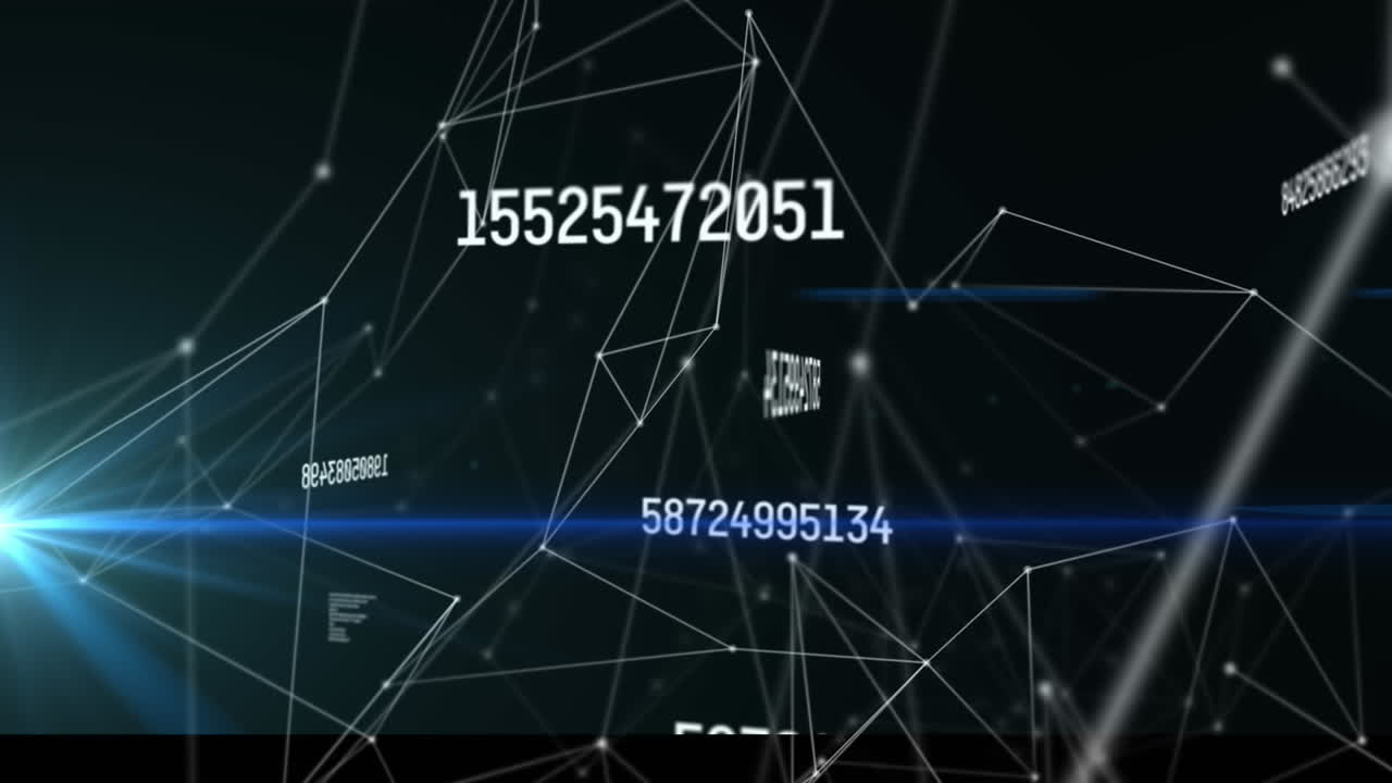 숫자가 바뀌고 연결 네트워크가 보라색 배경에 반 ⁇ 이는 빛을 통해 애니메이션