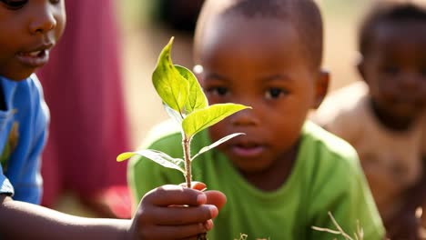children holding green seedling, symbolizing environmental education, nurturing ecological awareness through hands on gardening experience with shared commitment to sustainability