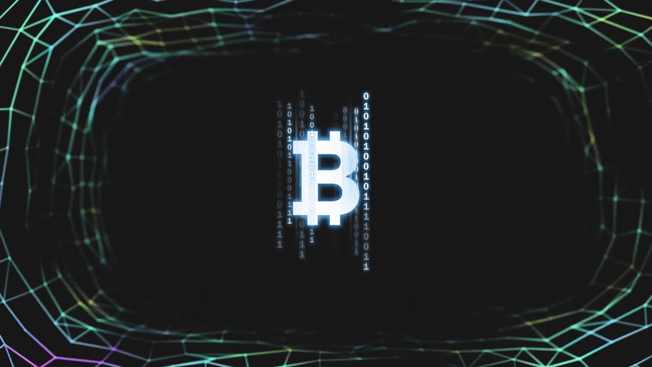 símbolo de bitcoin sobre una malla verde sobre un fondo negro.