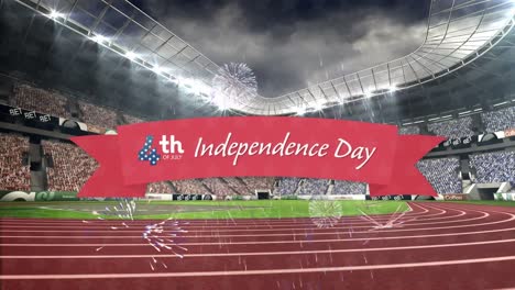 fireworks bursting over happy independence day text banner against sports stadium