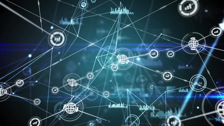 Animation of network of connections with icons over dark background