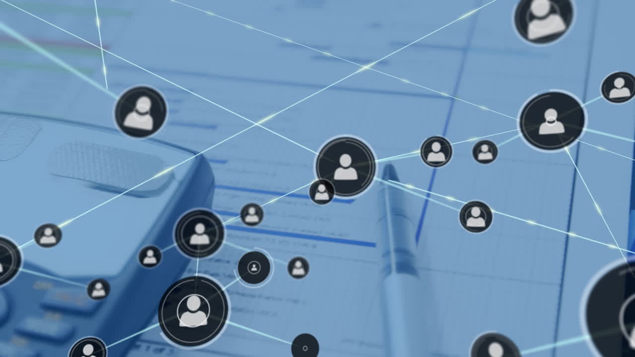 animación de la red de conexiones con iconos sobre calculadora y papeleo