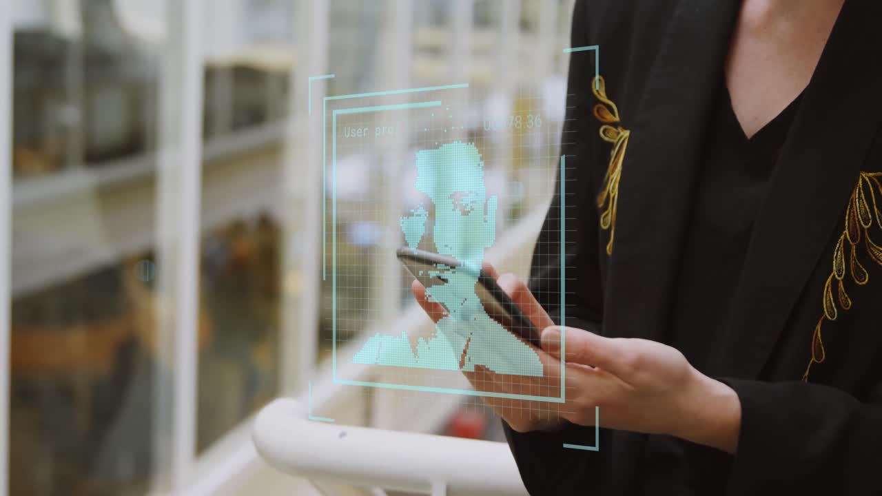 Animation of people icons over caucasian businesswoman using smartphone