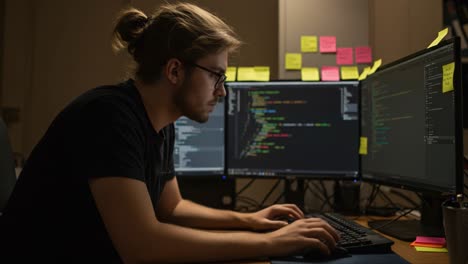 focused programmer engaged in coding session at dual monitors with colorful sticky notes in a dimly lit atmosphere, surrounded by lines of code