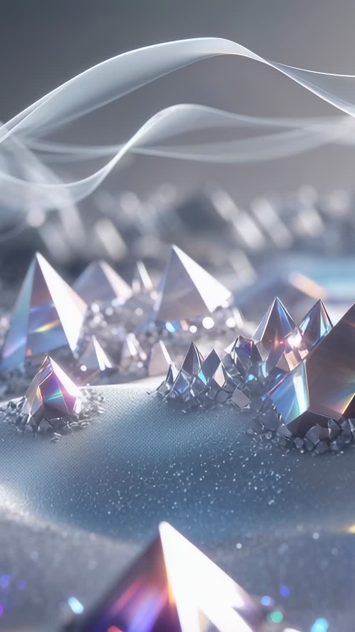 Vertical video: Ribbon initiating gliding above prismatic pyramids casting flickering glow at set