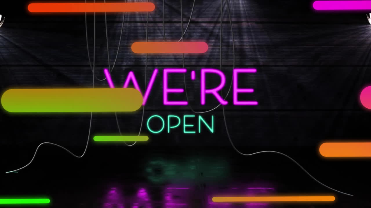 somos un letrero de neón abierto con líneas coloridas y animación sobre un fondo oscuro.