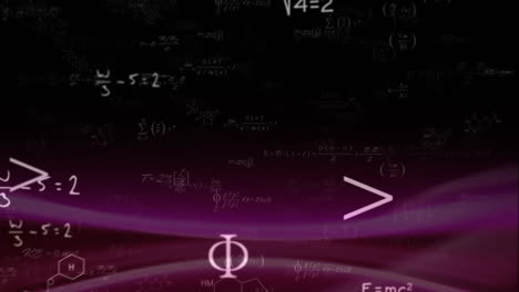 Animation-of-mathematical-data-processing-over-purple-mesh-on-black-background