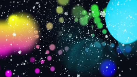 Animation-of-snowflakes-icons-falling-over-colorful-spots-of-light-against-black-background