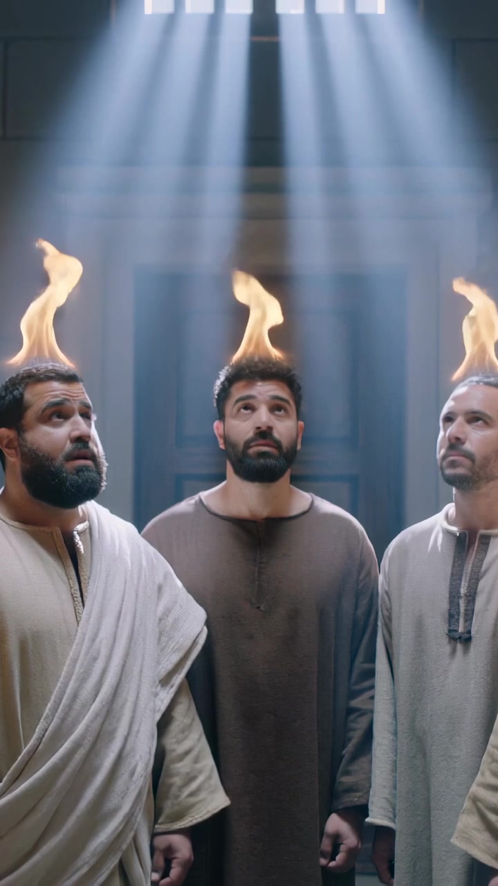 Vertical video: Standing three men in robes facing upward in hall, light igniting flames overhead
