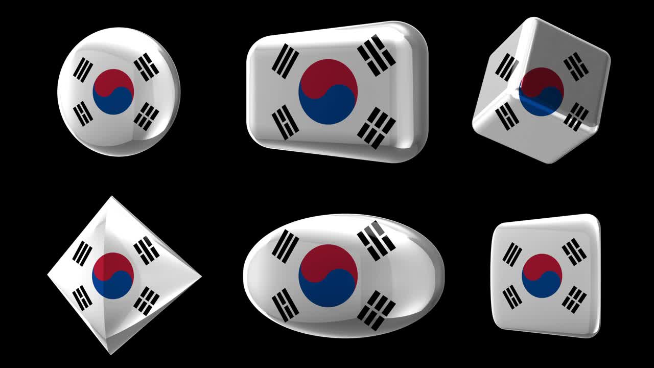 Sign - South Korea. 6 flags, buttons, dies. Animation in the style of glass or metal icons of different shapes with flags. Circle, rectangle, cube, rhombus, ellipse, square. Alpha channel.