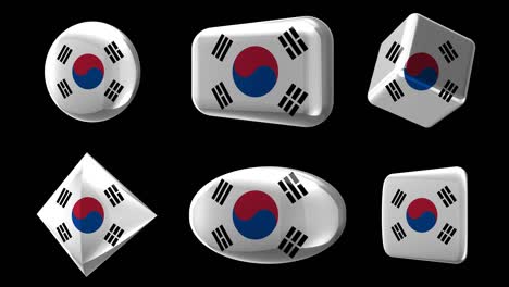 sign - south korea. 6 flags, buttons, dies. animation in the style of glass or metal icons of different shapes with flags. circle, rectangle, cube, rhombus, ellipse, square. alpha channel.