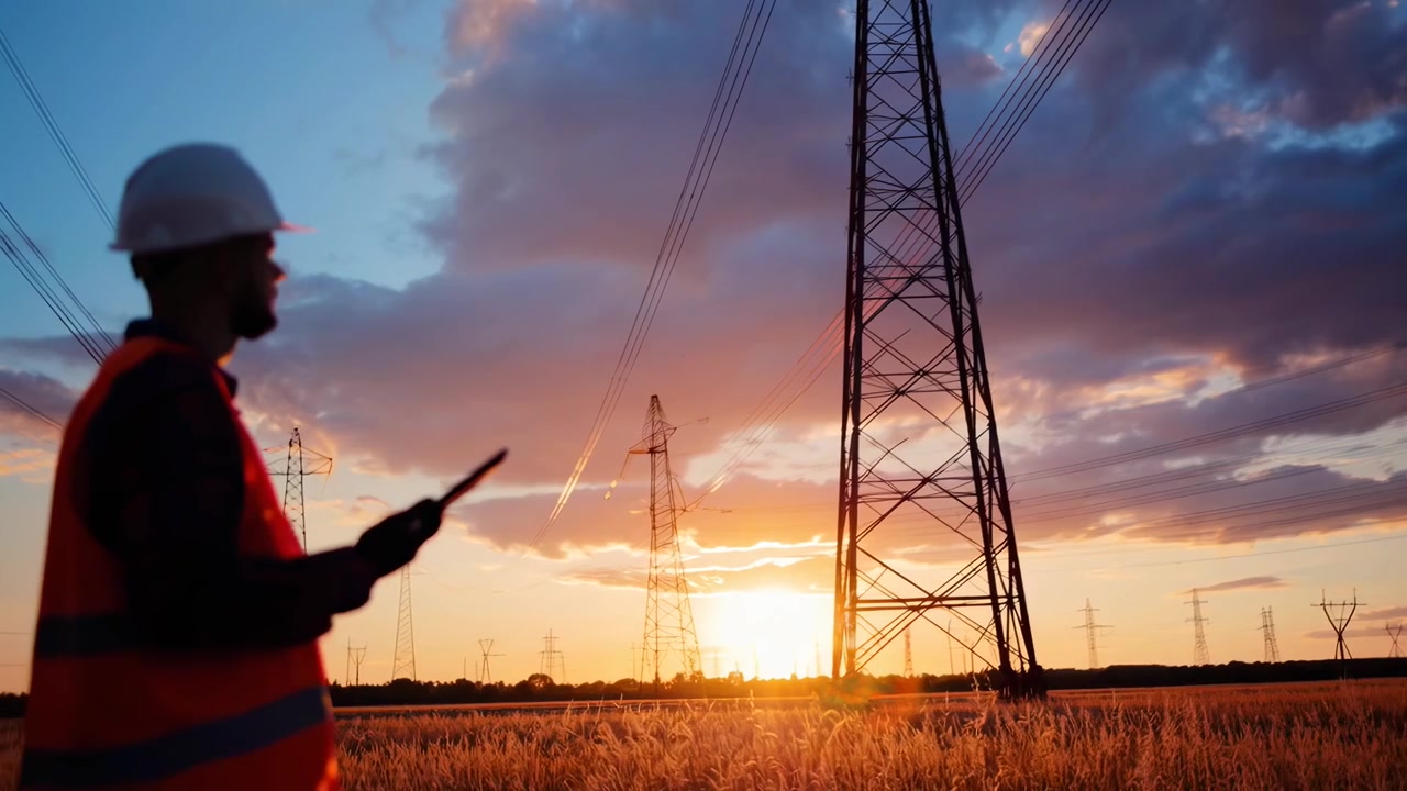 Electrical Engineer Inspecting Power Lines at Sunset
