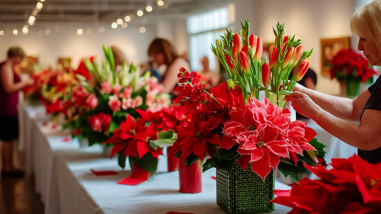 Workshop für lebendige Blumenarrangements: TeilnehmerInnen gestalten wunderschöne Frühlingsgestecke mit farbenfrohen Blumen wie Weihnachtssternen und Tulpen in einer Kunstgalerie