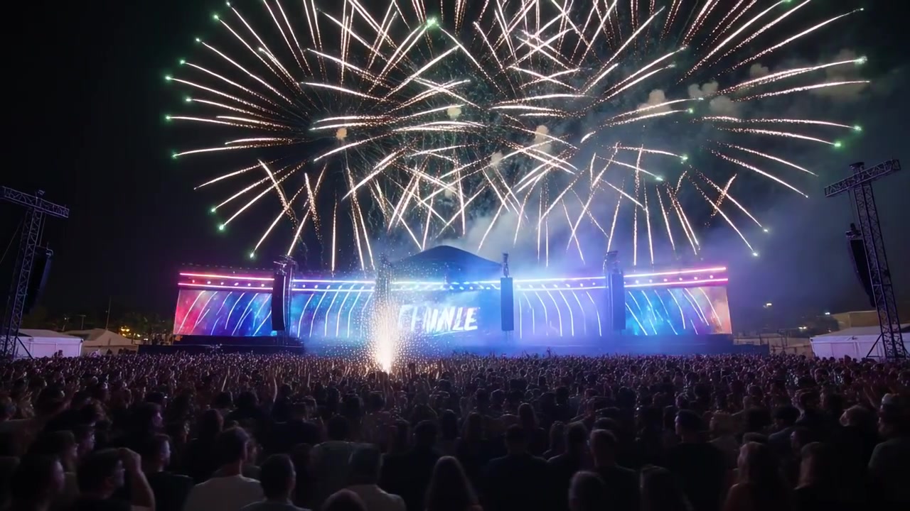 Viser "FINALE" cue, central LED-scene affyrer fyrværkeri ved en udendørs festival, publikum filmer med telefoner.