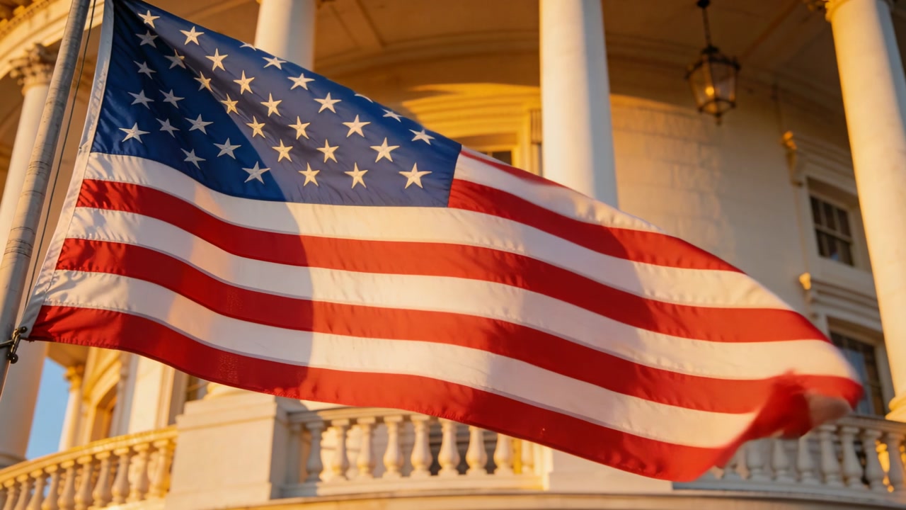 Waving United States flag rippling on metal flagpole, driven by gusts at neoclassical columns