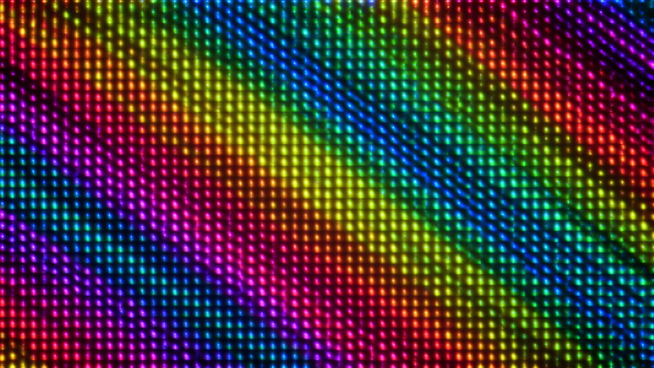 High Contrast Rainbow Pixel Mosaic Closeup, Tight Macro Of LED Screen Dots Forming Diagonal Spectrum Bands