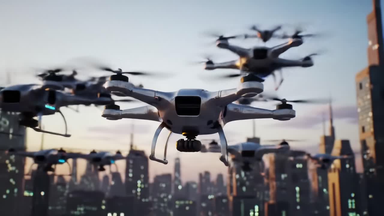 Aerial Technology Showcase: A Spectacular Display of Multiple Drones Maneuvering Gracefully Over a Bustling Urban Skyline at Dusk, Highlighting Innovation and Precision in Flight