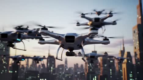 aerial technology showcase: a spectacular display of multiple drones maneuvering gracefully over a bustling urban skyline at dusk, highlighting innovation and precision in flight