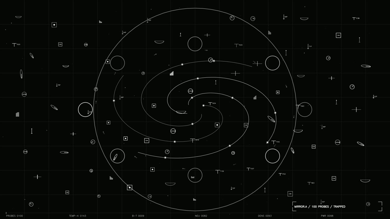 This motion graphic features a minimalist white on black head up display with a central spiral coordinate system. Various technical indicators, including telemetry data, sensor readings, and camera ma