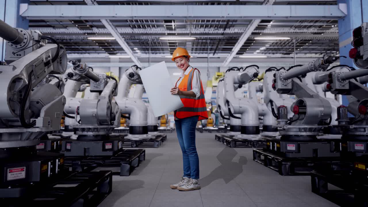 ingeniera revisando planos en una fábrica de robótica