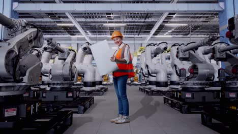ingeniera revisando planos en una fábrica de robótica