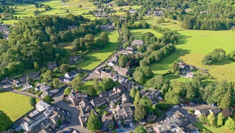 Cinematic-aerial-view-of-the-Lakeland-town-of-Grasmere