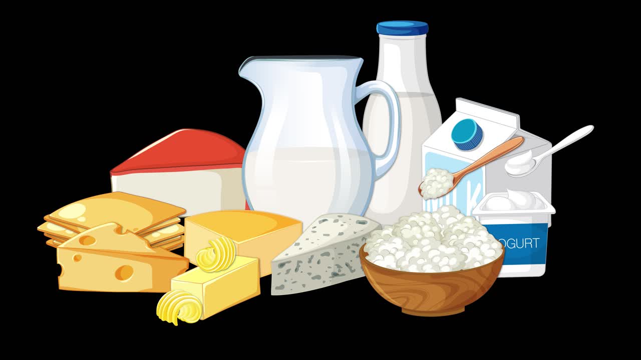 Stylized dairy products including milk, cheese, yogurt, and butter animate in a seamless loop on a black background, using flat vector illustration