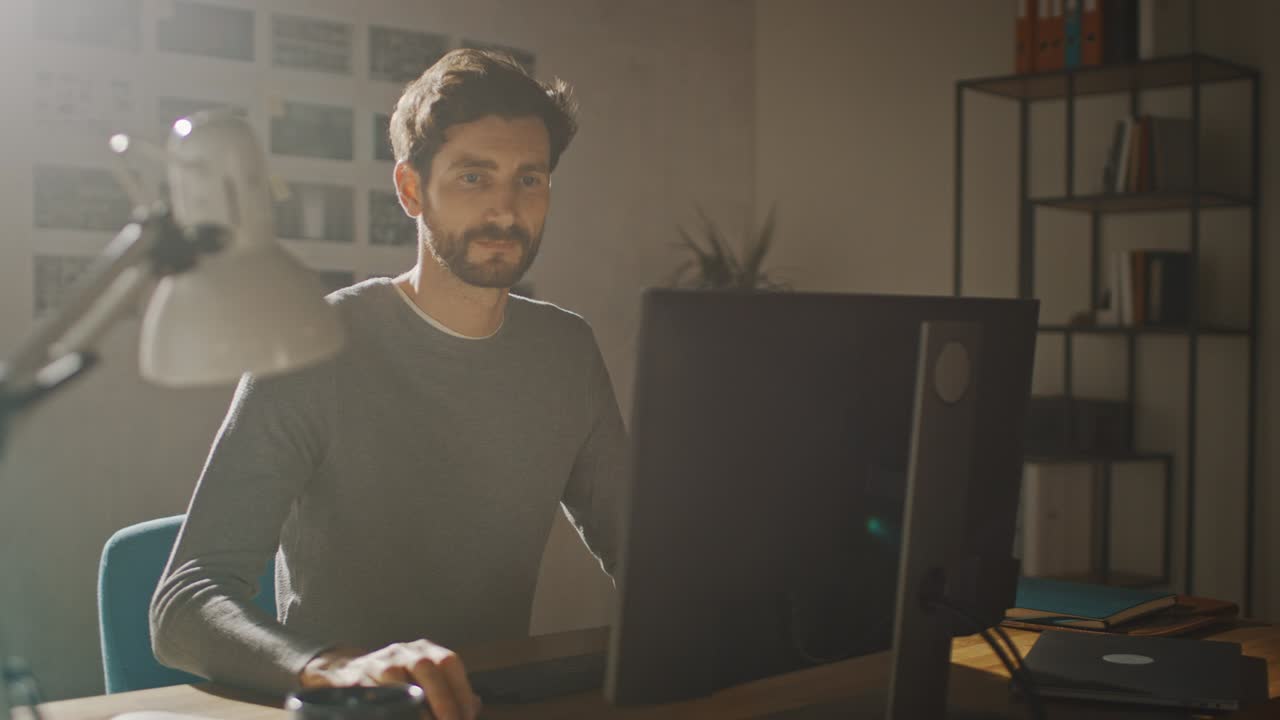 diseñador creativo sentado en su escritorio en el estudio de la oficina trabajando en una computadora de escritorio con aplicación de desarrollo de software de teléfono inteligente en la pantalla. web, desarrollador de aplicaciones. disparo de arco de seguimiento de 360 grados