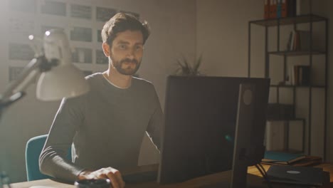 creative designer sitting at his desk in office studio working on a desktop computer with smartphone software development application on screen. web, app developer. 360 degree tracking arc shot
