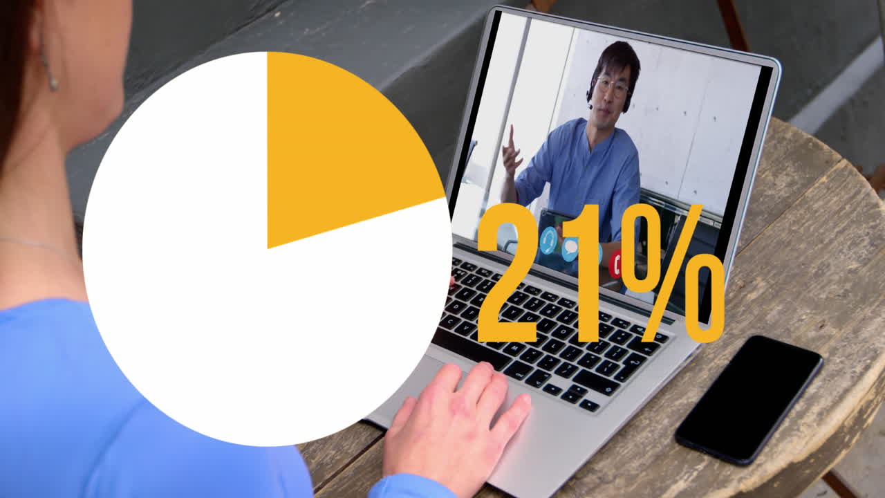 animación de gráfico de pastel llenando el icono con un porcentaje creciente sobre la mujer que tiene llamada de video