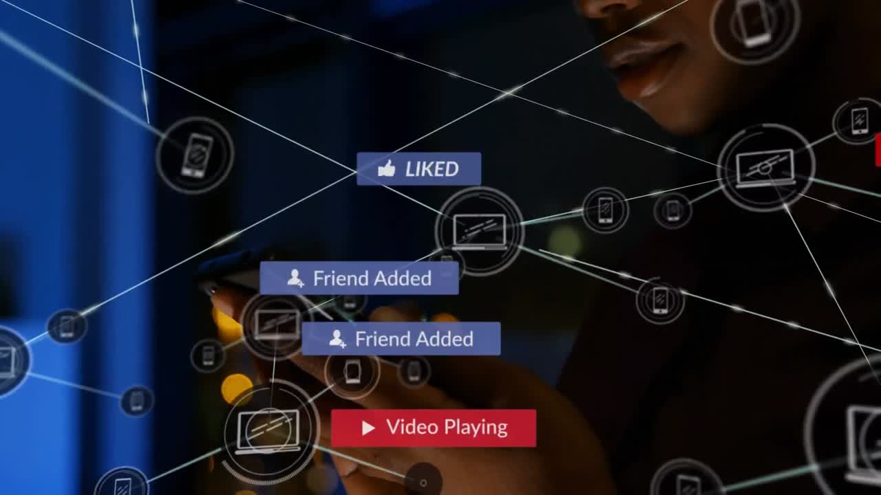 animación de la red de conexión con iconos sobre la mujer usando teléfono inteligente