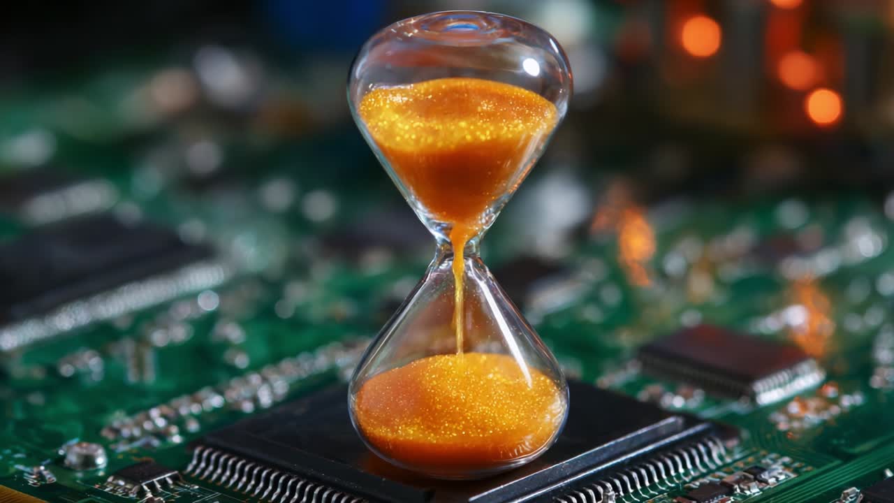 An Artistic Representation of Time: A Close-Up View of an Hourglass Sand Timer Set Against a High-Tech Circuit Board Background, Symbolizing the Intersection of Time and Technology in a Unique Visual Narrative