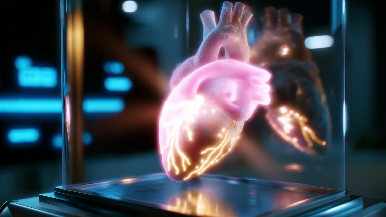 A captivating representation of the human heart, illuminated and floating within a glass display, showcasing vibrant colors and intricate details, emphasizing its biological significance and beauty