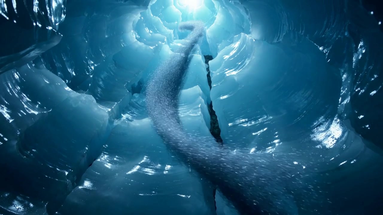 Colonna di particelle in ascesa che si attorciglia verso l'alto all'interno di un pozzo di ghiaccio, innescata dallo scioglimento che rilascia bolle.