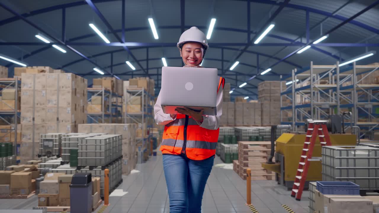 Vista frontale di un'ingegnere donna asiatica che usa il computer mentre cammina in un ampio magazzino con file di scaffalature.
