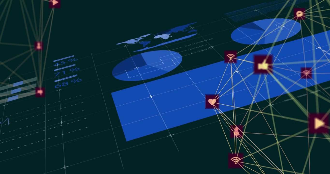 Animation of icons connected with lines over blue infographic interface against abstract background