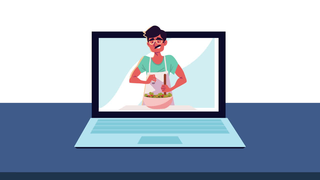 man cooking online in kitchen recipe animation