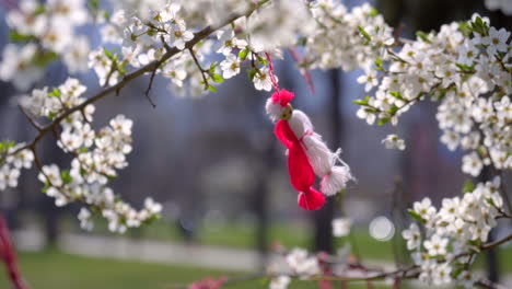 Ein-Blühender-Baum-Mit-Weißen-Blumen-Und-Einem-Martenitsa-behang