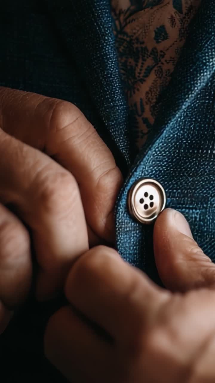 Pemeriksaan Close-Up Tangan yang Mengancingkan Jaket Biru Bergaya, Menampilkan Tekstur Kain dan Perhatian terhadap Detail dalam Penataan Gaya Busana.