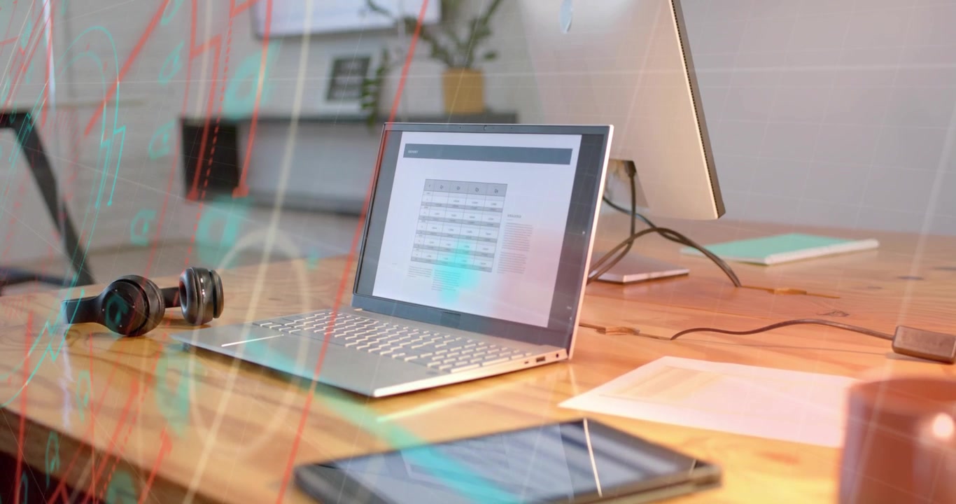 On start neon red and teal lines overlaying laptop tracing data flow fading and revealing workspace