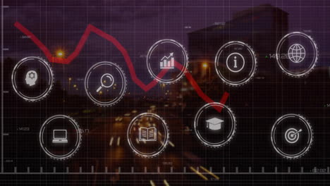 Animation-Von-Diagrammen-Und-Geschäftssymbolen-über-Einer-Nächtlichen-Stadt