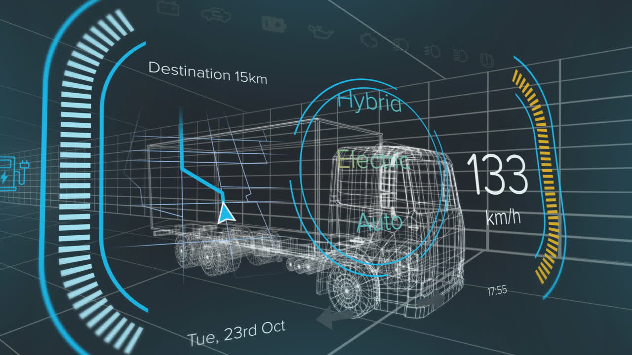 animación de un modelo 3d de coche con interfaz digital y procesamiento de datos