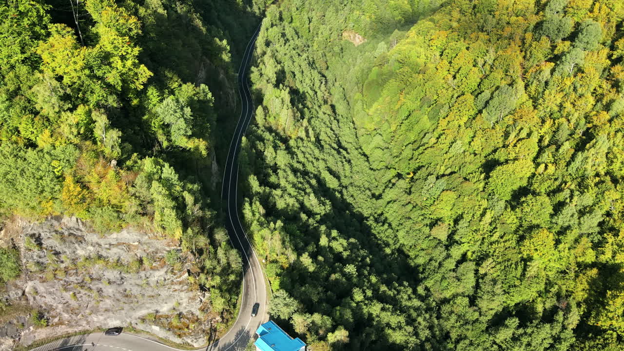 Aerial drone view of nature in Romania. Carpathian mountains, hills lush greenery, valley, Transalpina road with car