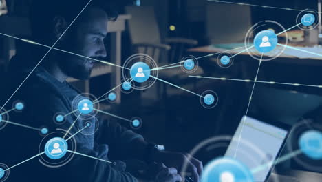 animation of network of connections with icons over office
