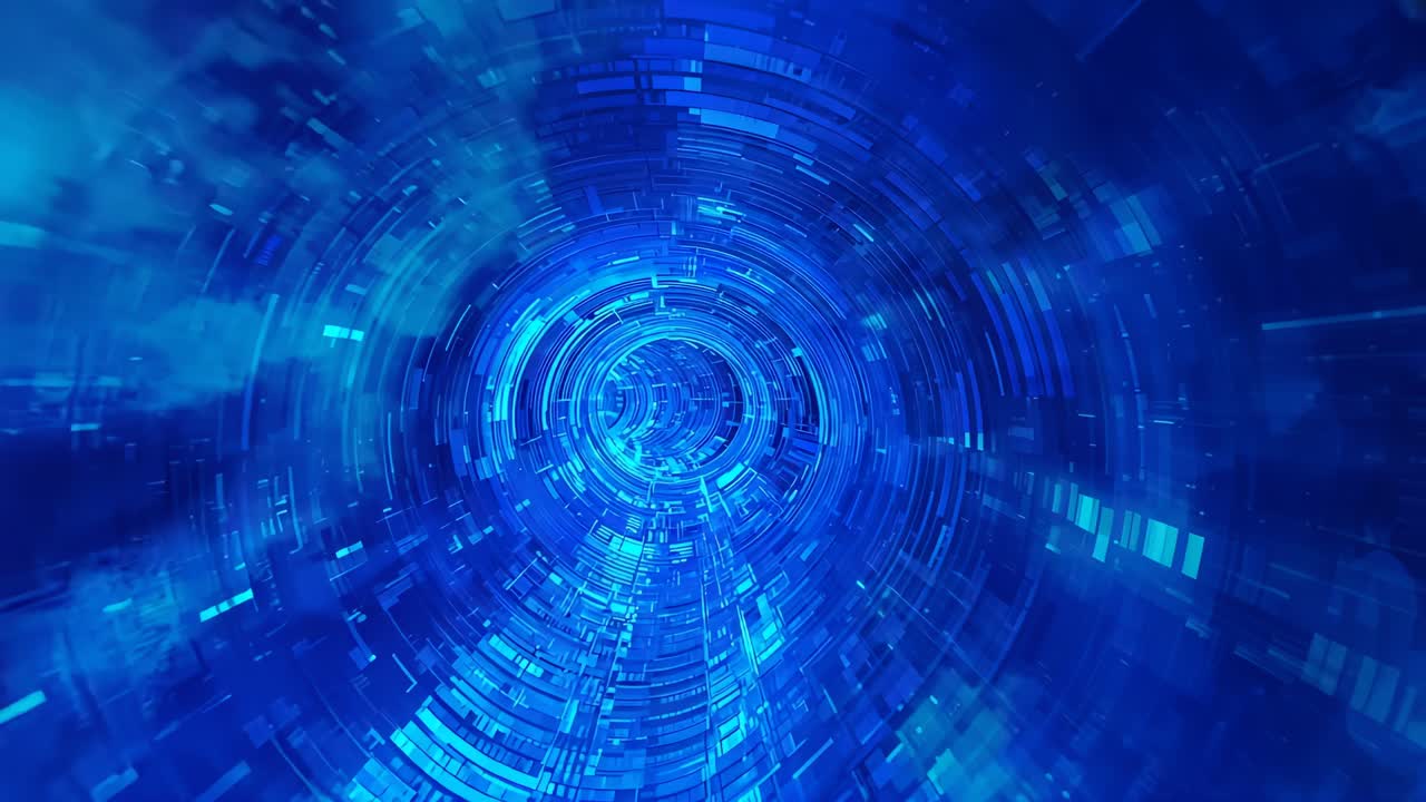 Shifting cam causing tunnel rotating, moving toward viewer in 3D conduit, creating travel with core