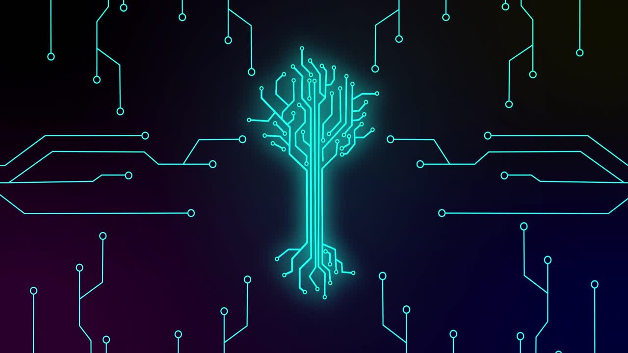 animación de circuito integrado y árbol digital sobre fondo negro