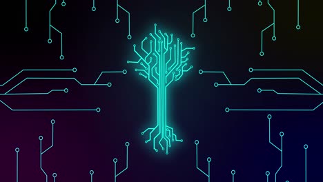 Animation of integrated circuit and digital tree on black background